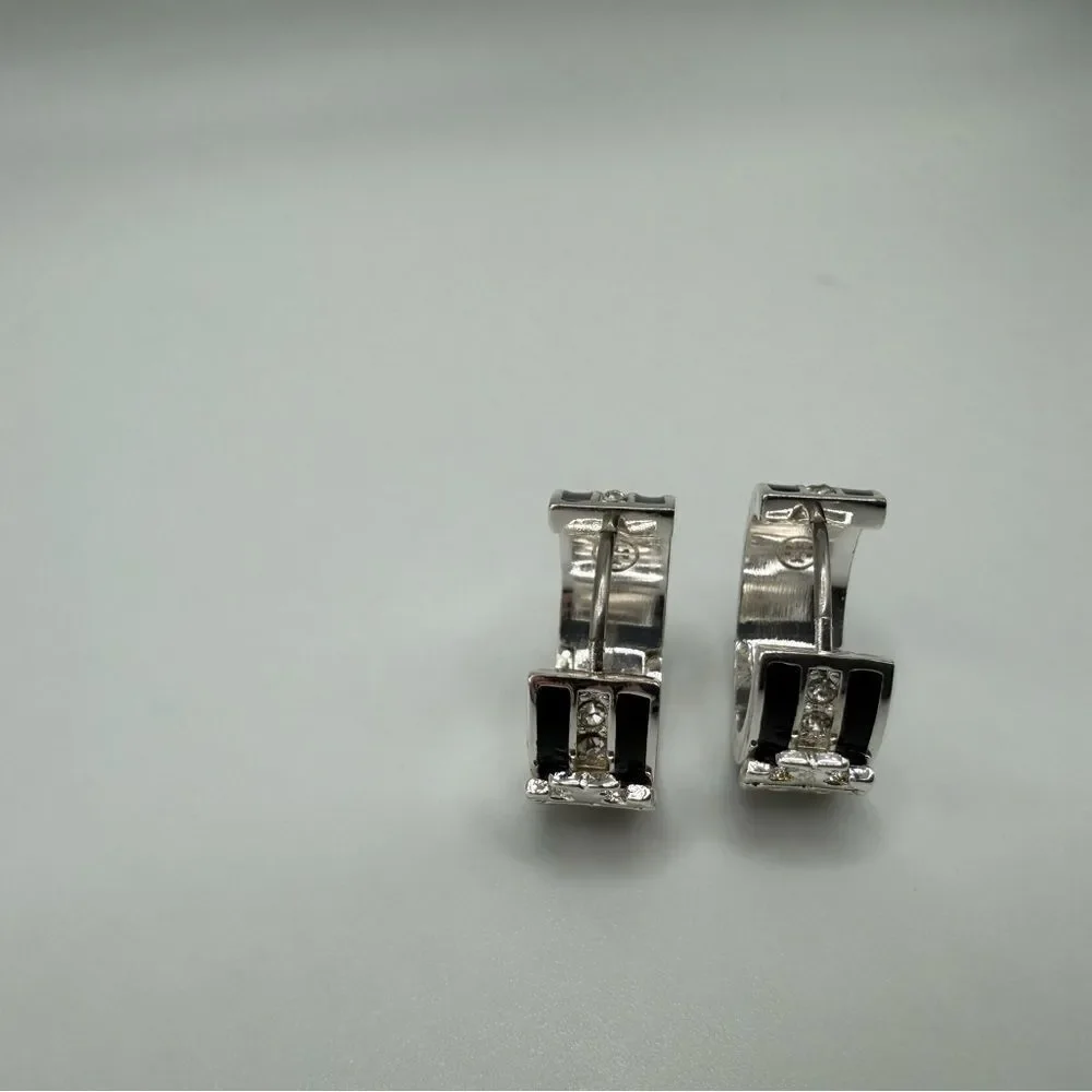 Tory Burch Kira Black and Silver Crystal Hoop Earrings